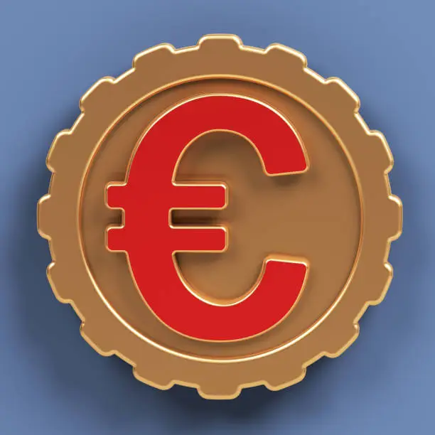 Red-colored Euro symbol with golden coin icon. On grayish blue-colored background. Square composition with copy space. Isolated with clipping path.