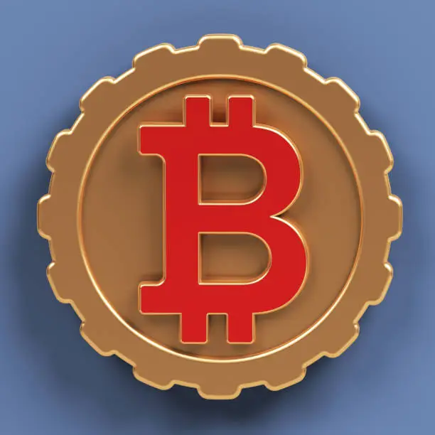 Red-colored Bitcoin symbol with golden coin icon. On grayish blue-colored background. Square composition with copy space. Isolated with clipping path.