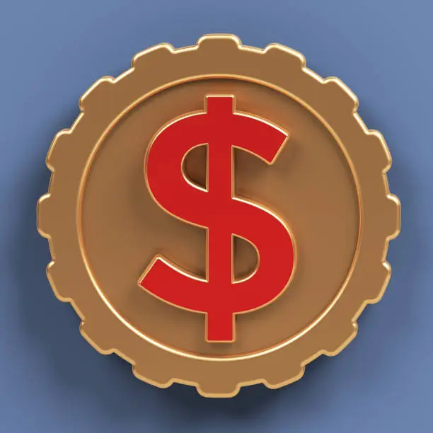Red-colored Dollar sign with golden coin icon. On grayish blue-colored background. Square composition with copy space. Isolated with clipping path.