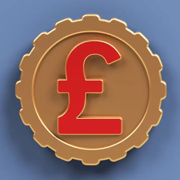 Red-colored Pound symbol with golden coin icon. On grayish blue-colored background. Square composition with copy space. Isolated with clipping path.