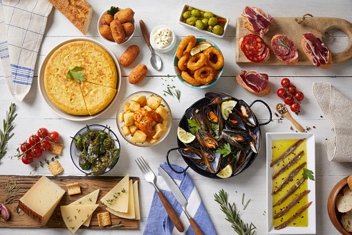 A table with typical Spanish food seen from above