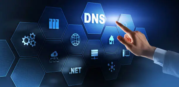 Photo of DNS concept businessman touching on virtual screen