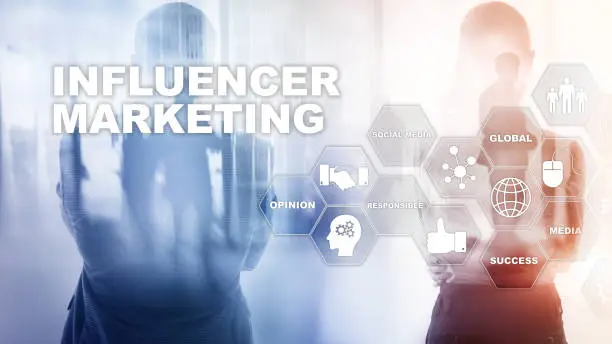 Photo of Influencer marketing concept in business. Technology, Internet and network. Abstract background mixed media