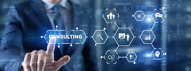 Consulting concept. Man pressing 3d icon consulting Consulting concept. Man pressing 3d icon consulting. software development staff augmentation stock pictures, royalty-free photos & images