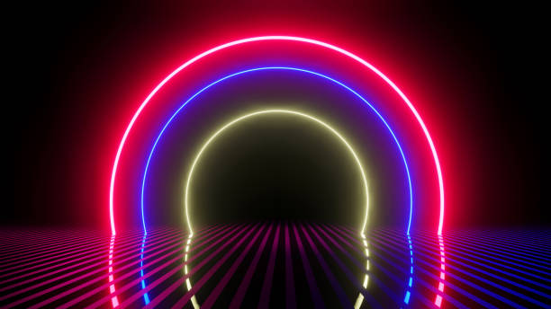 istock Abstract futuristic background, pink blue neon lights gate 1350201200