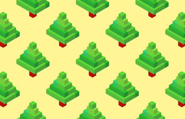 istock Isometric Christmas fir trees on a yellow background from colored plastic blocks. The children s designer. Vector illustration. 1350203747