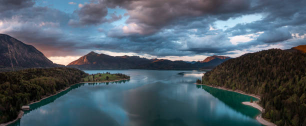 istock Panorama of Lake Walchensee during sunset from above, Bavaria 1350204577