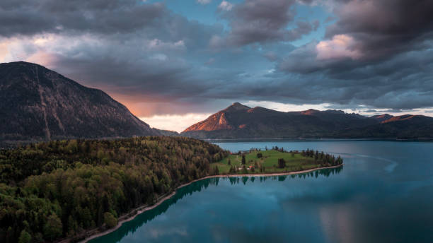 istock Panorama of Lake Walchensee during sunset from above, Bavaria 1350204584
