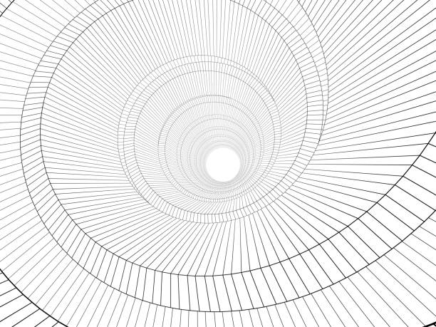 Outline wire frame spiral interior model, wide angle perspective view isolated on white background, 3d rendering illustration