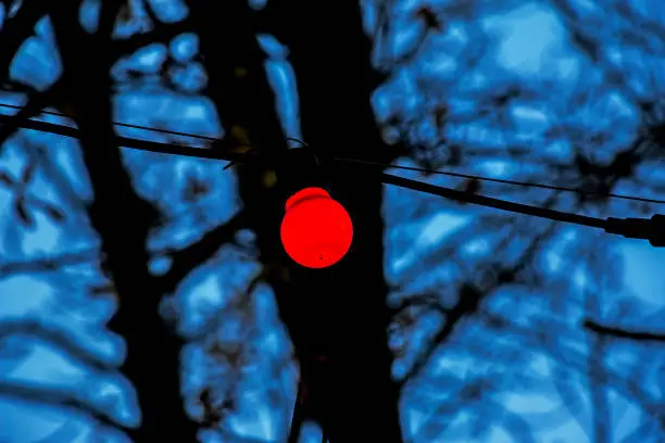 Background image of outdoor lighting garlands , focus on classic light bulb with wiring. Copy space.