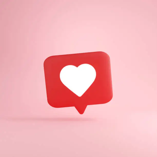 Photo of 3D social media notification white like heart icon in red speech bubble.Communication concept. 3D rendering illustrations.
