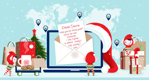 Christmas letters online mail _little elves at Santa`s laptop screen vector art illustration
