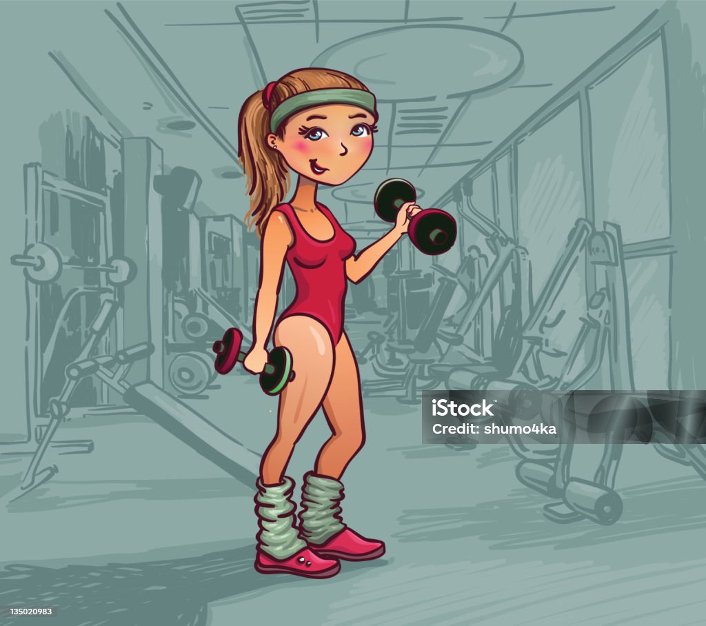 young girl in gym vector illustration - a young girl standing in an empty gym and smiles. girl in a bathing suit and spats. girl holding dumbbells Adult stock vector