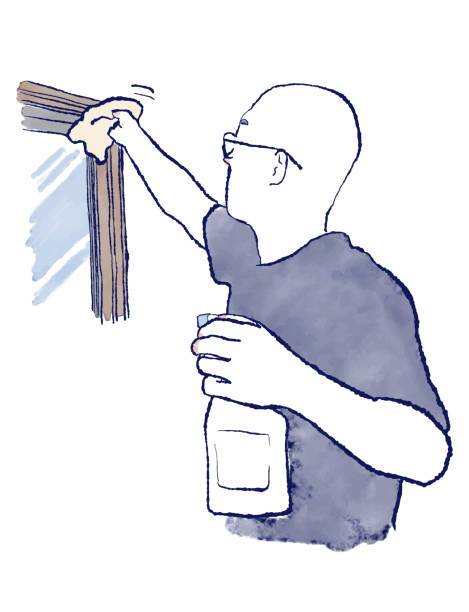 수채화로 분무기를 들�고 창틀, 상체를 청소하는 스킨헤드 아시아 남자의 손으로 그린 그림 - skinhead stock illustrations