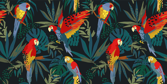 Abstract art seamless pattern with parrots and tropical leaves. Modern exotic design for paper, cover, fabric, interior decor and other users.