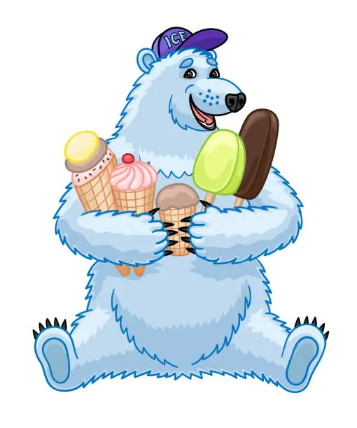 Vector illustration of A cartoon polar bear holds different ice cream in its paws.