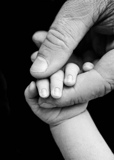 a newborn child holds with his hand, fingers the hand, the fingers of a parent, father or mother. black and white photo. - newborn human hand baby father imagens e fotografias de stock