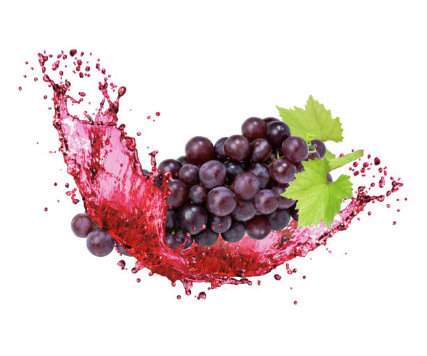 흰색에 고립 된 튀김 주스와 붉은 포도 - grape bunch cabernet sauvignon grape isolated 뉴스 사진 이미지