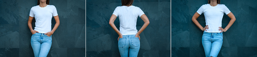 White t-shirt mockup for print design. Young stylish woman dressed in blank white t-shirt and blue jeans on the grey background. Front and back view. High quality photo