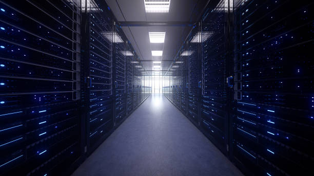 istock Modern interior server room data center. Connection and cyber network in dark servers. Backup, mining, hosting, mainframe, farm, cloud and computer rack with storage information. 3d rendering 1350221333