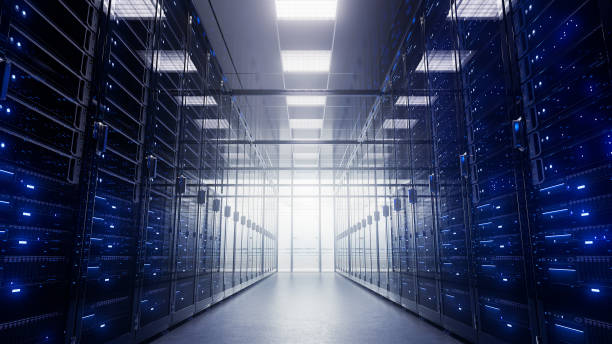 modern interior server room data center. connection and cyber network in dark servers. backup, mining, hosting, mainframe, farm, cloud and computer rack with storage information. 3d rendering - network server rack computer mainframe imagens e fotografias de stock