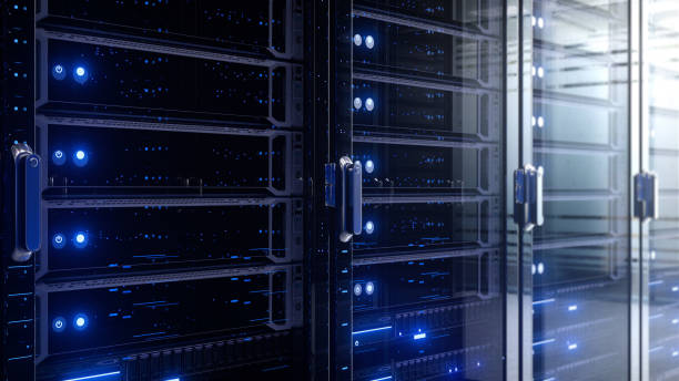 istock Modern interior server room data center. Connection and cyber network in dark servers. Backup, mining, hosting, mainframe, farm, cloud and computer rack with storage information. Close up, 3d render 1350222592