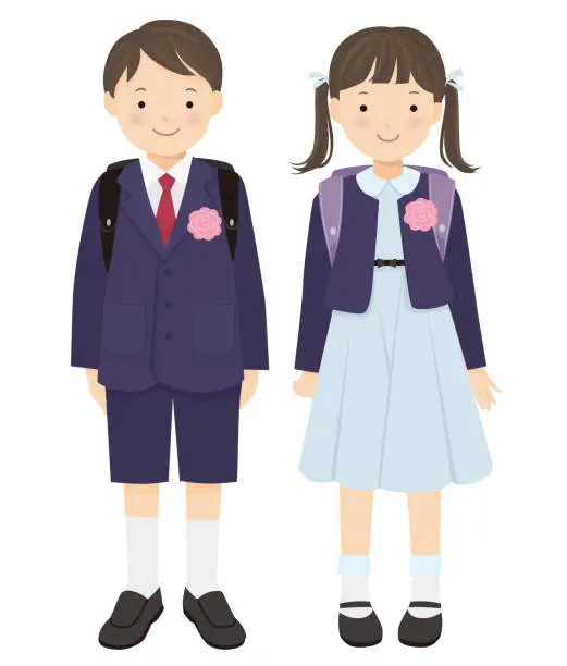 Vector illustration of Girls and boys carrying school bags, first graders