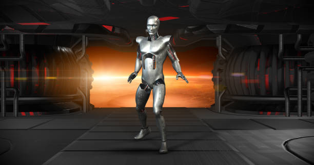 istock Joyful Futuristic AI Robot Dancing In Spaceship. Space Journey. 1350224504