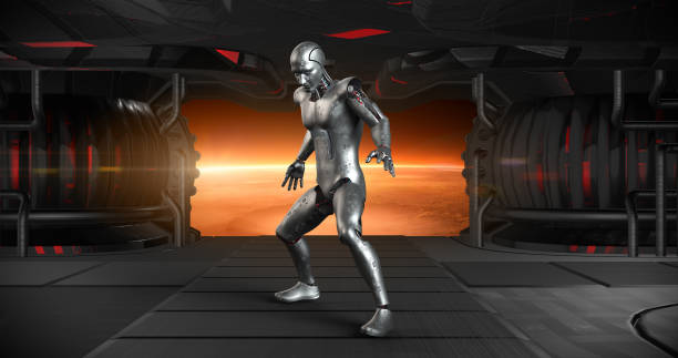 istock Warrior Bionic Robot Making Karate Moves In Spaceship. Ready For Fight. 1350224627