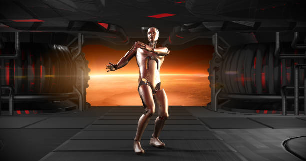 istock Happy Funny AI Robot Dancing In Spaceship On A Space Journey. 1350224743