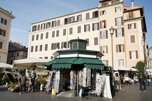 Rome, Italy, october 28, 2021:News Stand in the street market of Campo de Fiori, between Piazza Farnese and Piazza Navona, Rome, Italy.