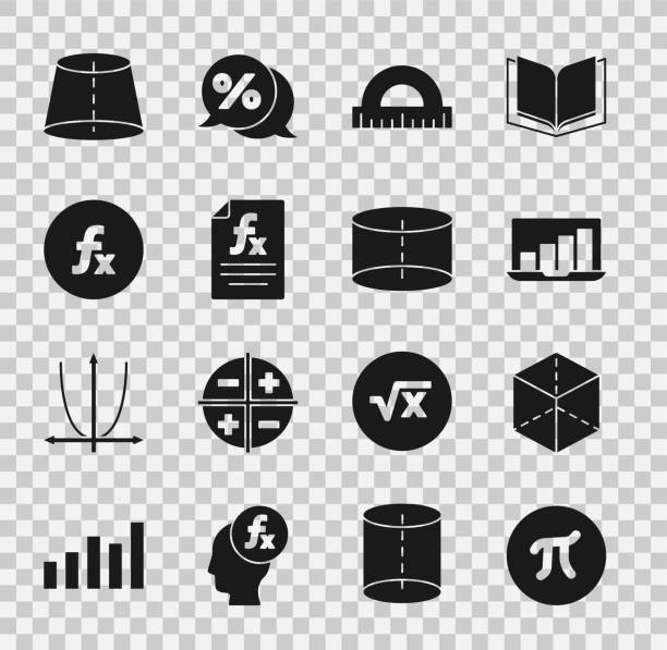 ilustrações de stock, clip art, desenhos animados e ícones de set pi symbol, geometric figure cube, laptop with graph chart, protractor, function mathematical, and cylinder icon. vector - cylinder chart graph three dimensional shape