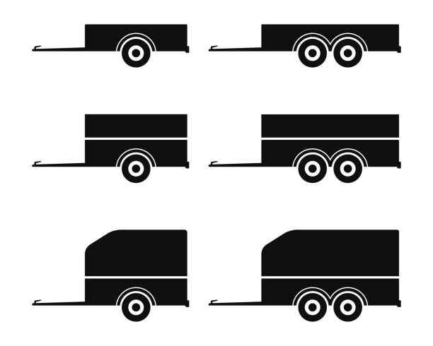 Car trailer icon set. Vector drawing. Black silhouette. Isolated object on a white background. Isolate. Car trailer icon set. Vector drawing. Black silhouette. Isolated object on a white background. Isolate. trailer stock illustrations