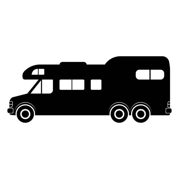 Motorhome icon. House on wheels. Side view. Black silhouette. Vector flat graphic illustration. The isolated object on a white background. Isolate. Motorhome icon. House on wheels. Side view. Black silhouette. Vector flat graphic illustration. The isolated object on a white background. Isolate. trailer home stock illustrations