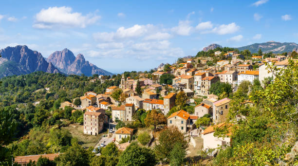 Landscape with Evisa, Corsica Landscape with Evisa, mountain village in the Corse-du-Sud department of Corsica island, France corsica photos stock pictures, royalty-free photos & images