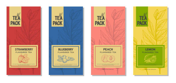 Craft Paper Bag with Flavoured Tea Labels Set vector art illustration