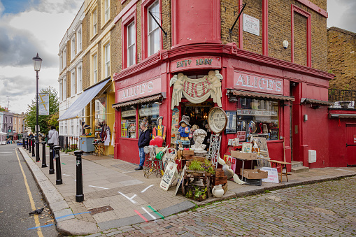 London, UK - 27 October, 2021: exterior of Alice's antiques store on Portobello Road in the Notting Hill area of London, UK.