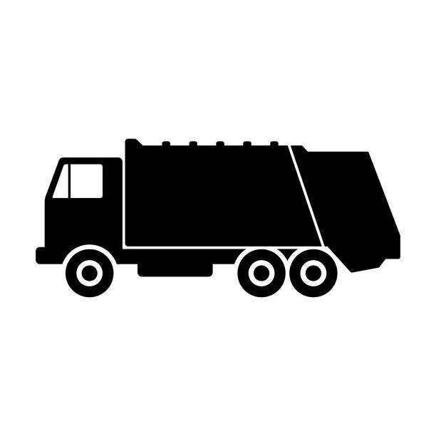 Garbage truck icon. Side view. Black silhouette. Vector flat graphic illustration. The isolated object on a white background. Isolate. Garbage truck icon. Side view. Black silhouette. Vector flat graphic illustration. The isolated object on a white background. Isolate. utilize stock illustrations