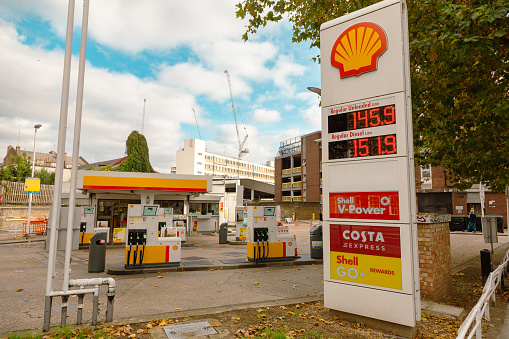 London, UK - 27 October, 2021: high prices for petrol and diesel on the forecourt of a gas station in London, UK.