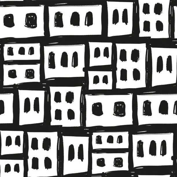 Vector illustration of Black contour houses in favela isolated on white background. Monochrome seamless pattern. Vector flat graphic hand drawn illustration. Texture.