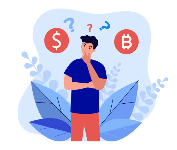 ilustrações, clipart, desenhos animados e ícones de homem pensando em comprar bitcoin - question mark gear asking contemplation