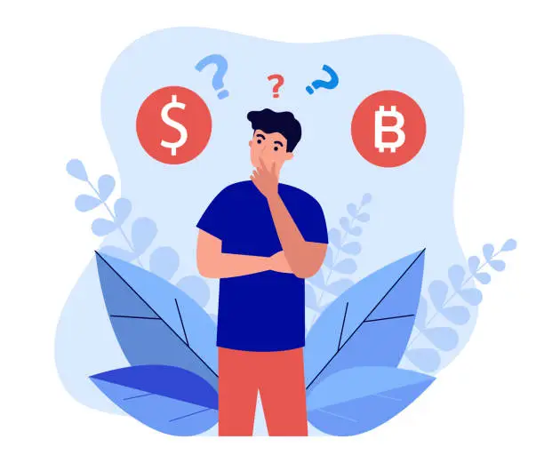 Vector illustration of Man thinking about buying bitcoin