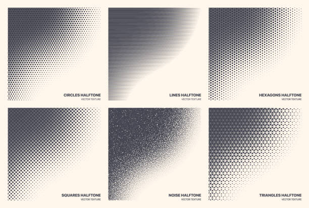 Different Variations Halftone Texture Set Vector Abstract Geometric Isolated Curved Border Different Variations Halftone Texture Set Vector Abstract Geometric Curved Border Isolated On Background. Various Half Tone Pattern Textures Collection Circles Lines Noise Squares Hexagons Triangles simple abstract backgrounds stock illustrations