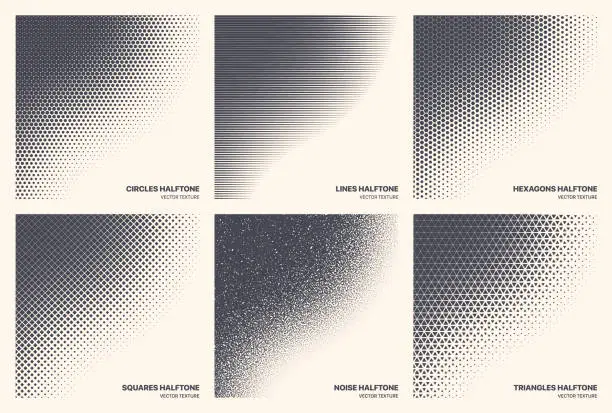 Vector illustration of Different Variations Halftone Texture Set Vector Abstract Geometric Isolated Curved Border