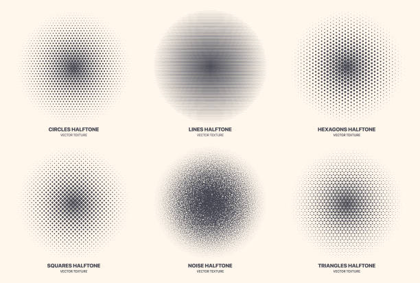 Different Variations Halftone Textures Set Vector Abstract Circular Pattern Different Variations Halftone Texture Set Vector Abstract Geometric Circular Pattern Isolated On Background. Various Half Tone Radial Textures Collection Circles Lines Noise Squares Hexagons Triangles image technique stock illustrations