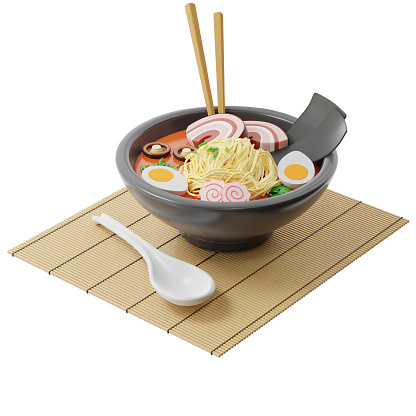 3d Japanese Ramen soup in a round plate on a bamboo mat, chopsticks in the soup, next to a spoon, isometric view on a white background, 3d rendering