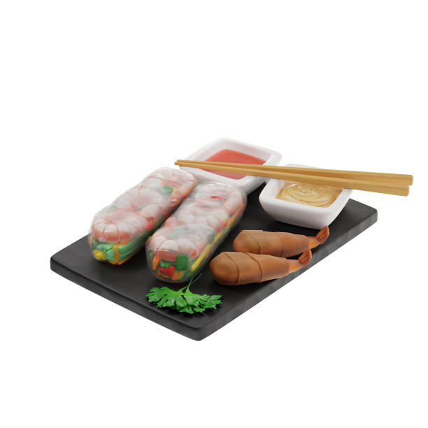 istock 3D spring rolls of two types: unfried and fried on a black slate board with sauces 1350247195