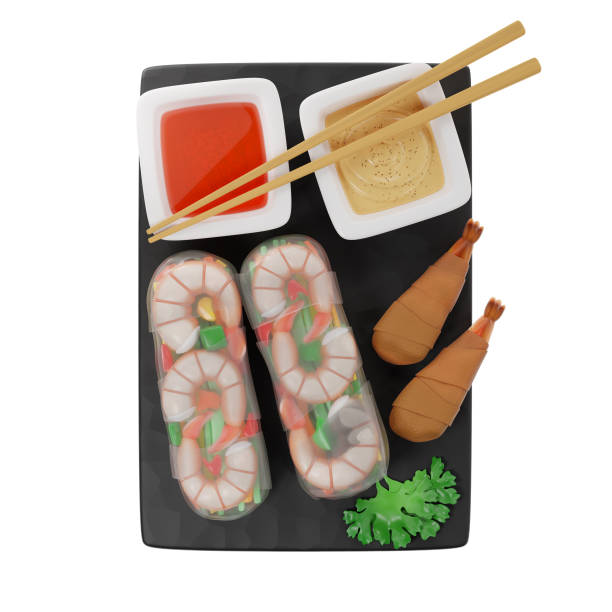 istock 3D spring rolls of two types: unfried and fried on a black slate board with sauces, chopsticks 1350247198