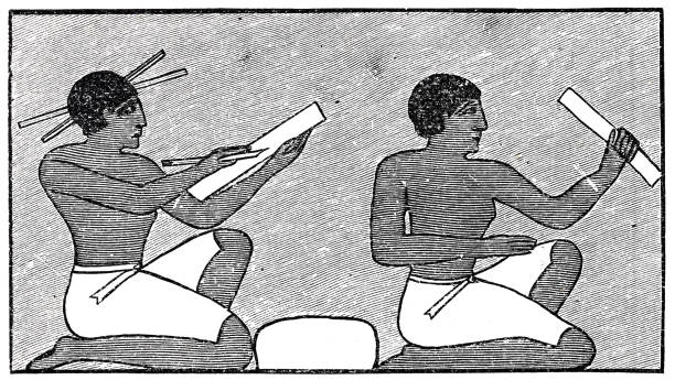 Two ancient egypt writers, sitting one behind the other, working with papyrus paper Illustration from 19th century. ancient history stock illustrations
