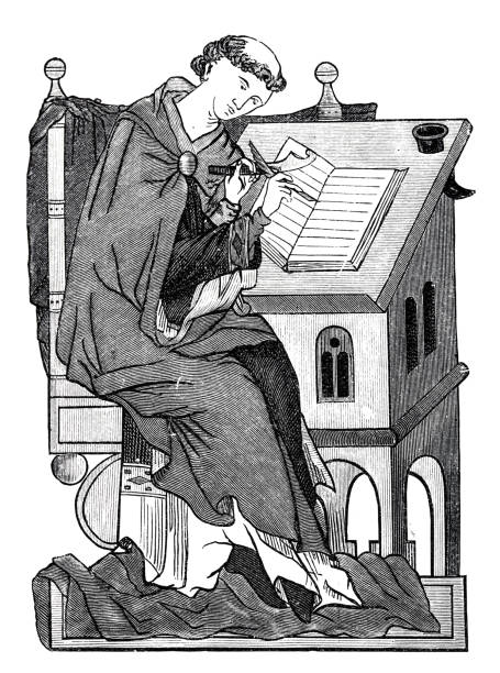 mittelalterlicher klosterschreiber sitzt am schreibtisch und schreibt in einem buch - built structure germany history 19th century style stock-grafiken, -clipart, -cartoons und -symbole